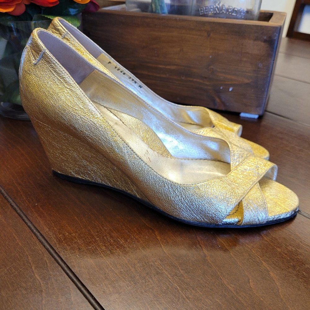 Taryn Rose crushed gold wedges